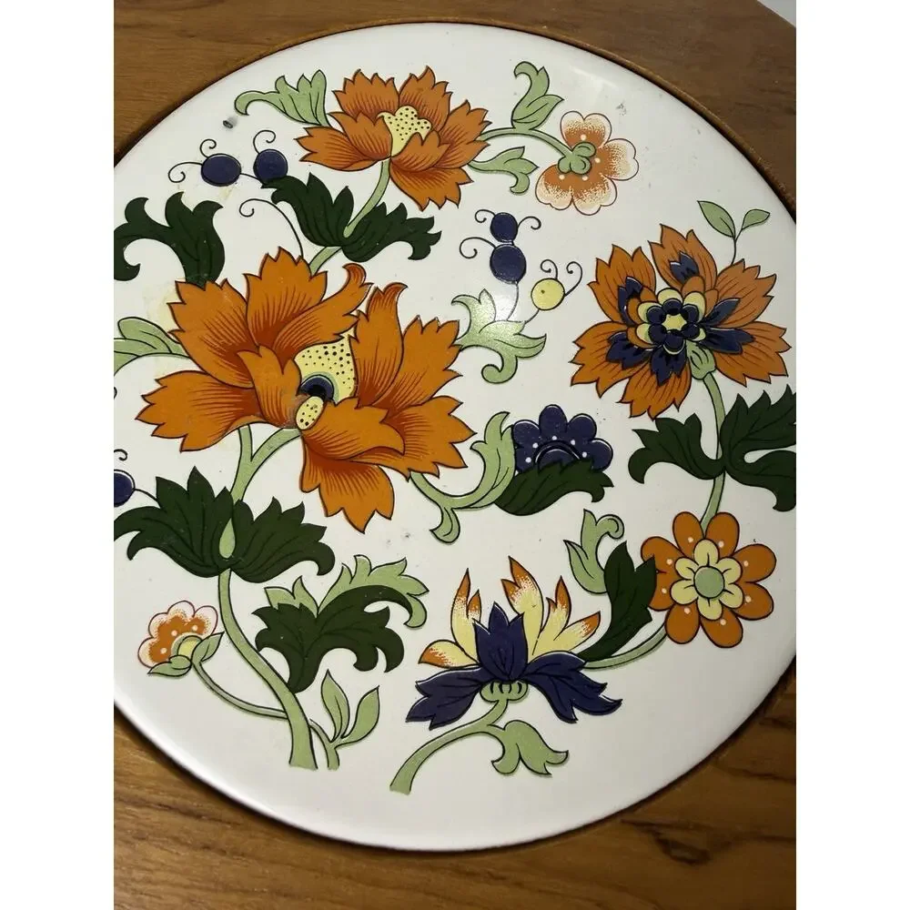 Vintage Dolphin Teakwood Ceramic Floral Tile Serving Tray 8.5” Thailand MCM
